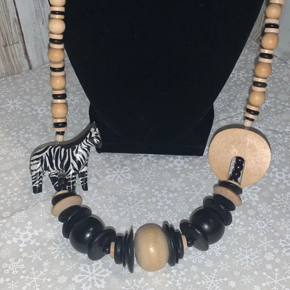 Vintage‎ Wood Hand Carved Zebra Bead Necklace 29”